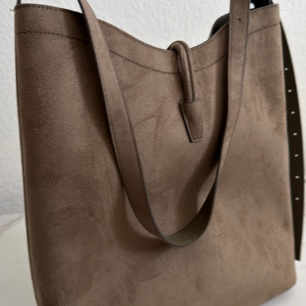 Khaki Suede Bucket Bag with Gold Accent - Picture 2 of 3